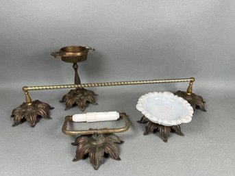 Beautiful Vintage Brass & Milk Glass Bathroom Set With Floral Design