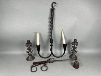 Vintage Metal Hanging Weight Scale & Candle Holders