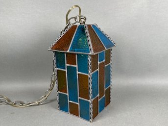 Beautiful Blue & Amber Stained Glass Hanging Light Fixture