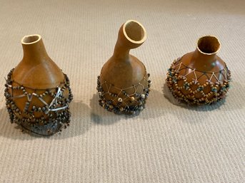 3 African Shekera Gourds Lot Precussion Rattle With Beads