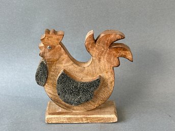 Carved Wood Rooster Figure With Metal Detail