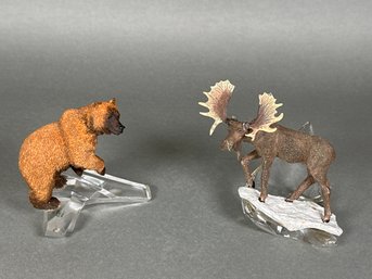 Vintage TFM Franklin Mint Moose & Bear Figures On Lead Crystal Base