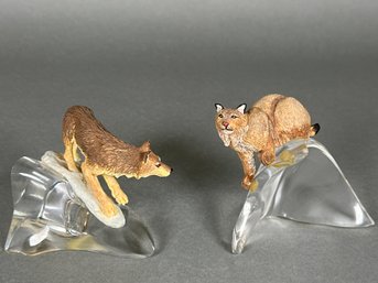 Vintage TFM Franklin Mint Wolf & Bobcat Figures On Lead Crystal Base