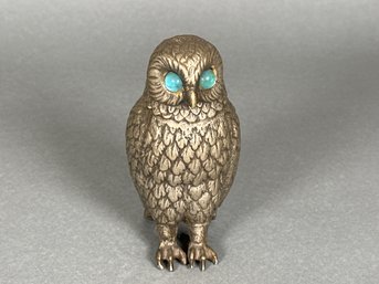 Stunning Metal Owl Figure With Blue Eyes