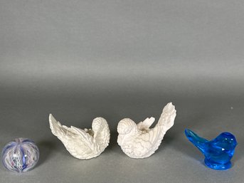 Alabaster Doves, Signed Blue Glass Bird Figure & Paperweight