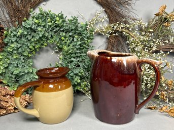 Vintage Brown Dip Ceramic & Brown And Tan Stoneware Pitcher