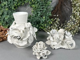 White Painted Floral Ceramic Pieces