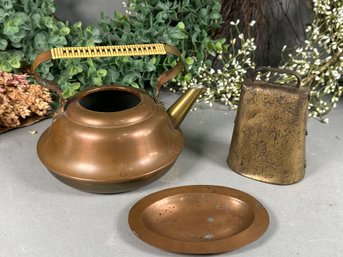 Vintage Copper Teapot Made In Holland & Brass Cow Bell