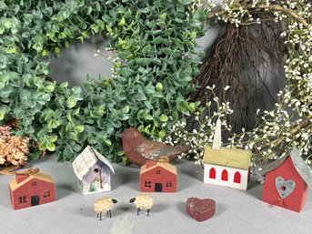 Miniature Wooden Homes, Sheep & Bird Decor