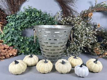 Tin Bucket With Faux Pumpkin Decor