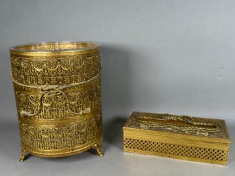 Gold Toned Metal Tissue Holder & Trash Can With Plastic Liner