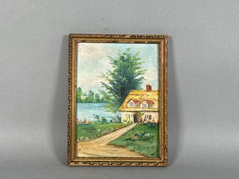 Small Vintage Cottage Scene Original Oil Painting