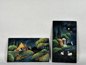 Pair Of Hand Painted Scenes On Velvet, Made In Germany