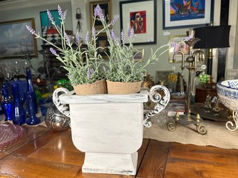 Pretty White Painted Metal Planter With Faux Lavender