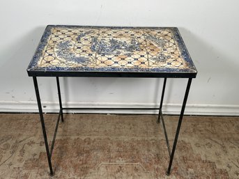 Vintage Blue & White Tile Top Metal Table