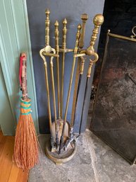 Antique Brass Fireplace Tools And Rustic Hand Broom Heavy Duty Beautiful Quality