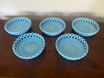 Fenton Blue Lacey Edge Shallow Bowl 3x 7in And 2x 6.5in Diameter VGC