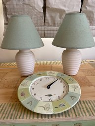 Pair Of White Ceramic Mint Green Shades Desk Lamps And A Clock