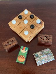 Abalone Silver And Carved Wood Pill Trinket Boxes, Marble Tic-Tac-Toe Carved Wood Game