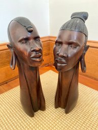 Two Tanzania Africa Hand Carved Ebony Wood Tribal Statues