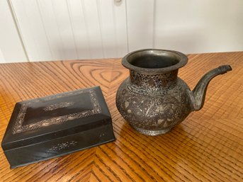 Bidri Silver Inlay Metal Box And Kashmir Kindi Pot