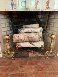 Pair Of Brass Andirons With Birch Logs