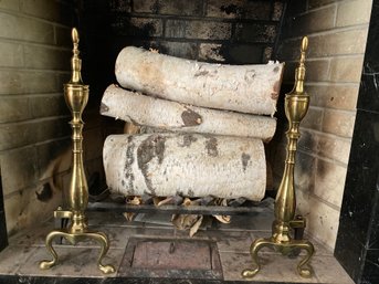 Impressive Antique Brass Andirons With Cast Iron Basket And Silver Birch Logs