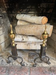 Cast Iron With Brass Finial Andirons With Birch Logs