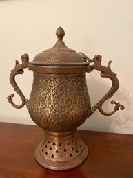 Antique  Copper Lidded Intricate Carved Kashmir India Pot