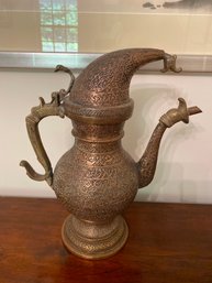 Antique Tea Coffee Pot Copper And Brass Accents Intricate Carvings Rare Style