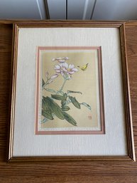 Signed Hand Painted Japanese Watercolor Double Mat With Silk Boarder