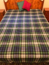 LL Bean Blue Green Plaid Wool Blanket And Two Throw Pillows