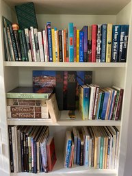 Three Shelves Interesting Books Travel Cooking Golf Finance Novels And More