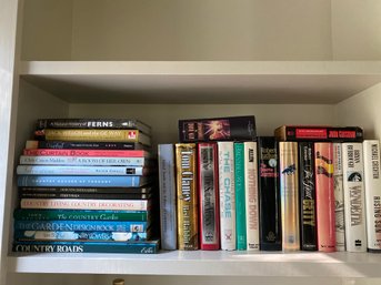 A Shelf Full Of Interesting Books Novels, Ludlum, Crichton, Rushdie, Ayn Rand On Tape Garden