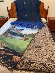 3 Throw Blankets: Cotton Hudson National Golf Course, Black And Tab Leaf, Blue Purple Knitted With Fringe