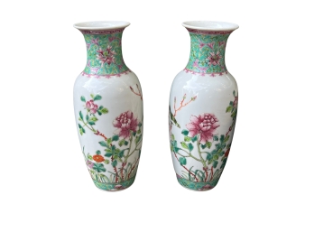 2 Vintage Hand Decorated Porcelain Chinoiserie Vases With Chinese Import Stamp