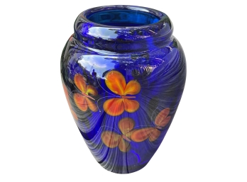 Hand Signed Steven Lundberg Glass Art - Cobalt Butterfly Blown Glass Tapered Vase