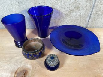 Hand Blown Cobalt Blue Glasses And Bowl, Copper Lined Trinket Bowl, Velvet Lined Glass Jewelry Box