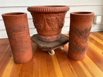 3 Terra Cotta Planters And Wood Stand On Casters