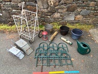 Metal Rolling Cart, 3 Bird Feeders, 2 Havahart Traps, Stainless Steel Bucket, 3 Green Fences, Plastic Pots