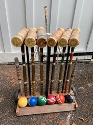 Vintage Wood Croquet Set With Rolling Cart