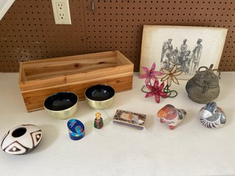 Sahib Indian Writing Sheets, Beaded Flowers, Metal Lidded Vessel, Mexican Ceramic Birds, Wooden Planter Box