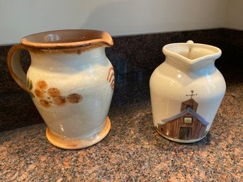 Hand Painted Made In Italy William And Sonoma Pitcher And Country Barn And Cow Hand Painted Pitcher