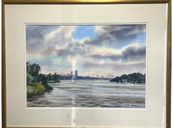 A Beautiful Original Watercolor By Toledo, Ohio Artist Walter Chapman - A Waterfront Cityscape