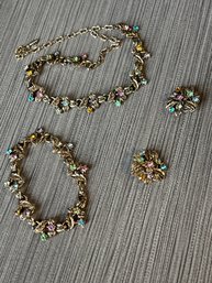 Vintage 1950s Era Aurora Borealis Crystal Bracelet, Earrings And Necklace Set In Gold Finish