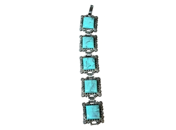 Chunky Silvertone And Faux Turquoise Concho Style Bracelet