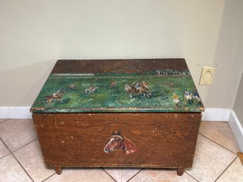 Antique Marjorie G Sessions Hand Painted  Polo Scene Wooden Chest