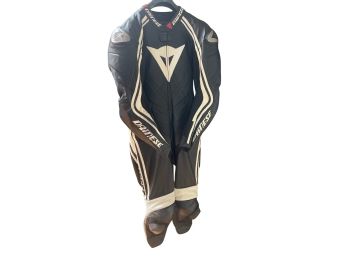 Dainese Leather One-Piece Motorcycle Riding Suit In Black / White Trim - Size 56