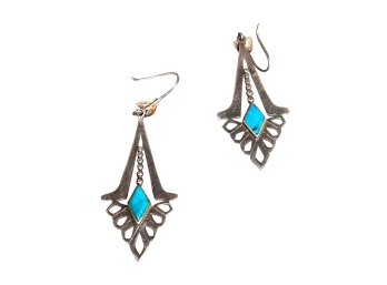 Sterling Silver Diamond Shape Earrings With Turquoise Accent And Metalwork