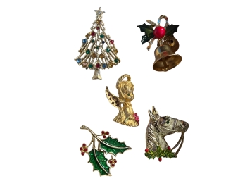 Collection Of 5 Assorted Vintage Jeweled Christmas Pins